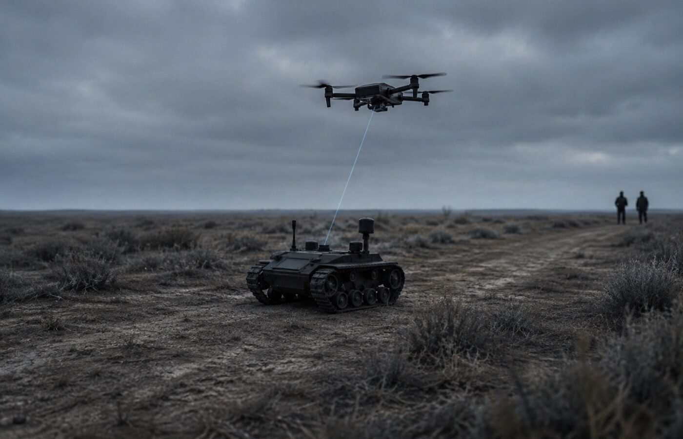 Unmanned ground vehicle and quadcopter operating as a single team