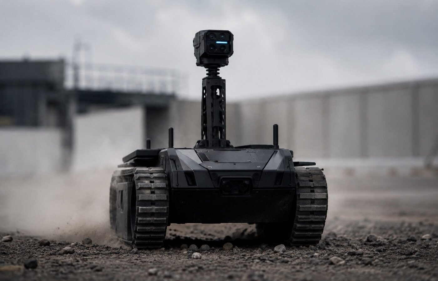 Tracked unmanned ground vehicle crossing gravel terrain on patrol