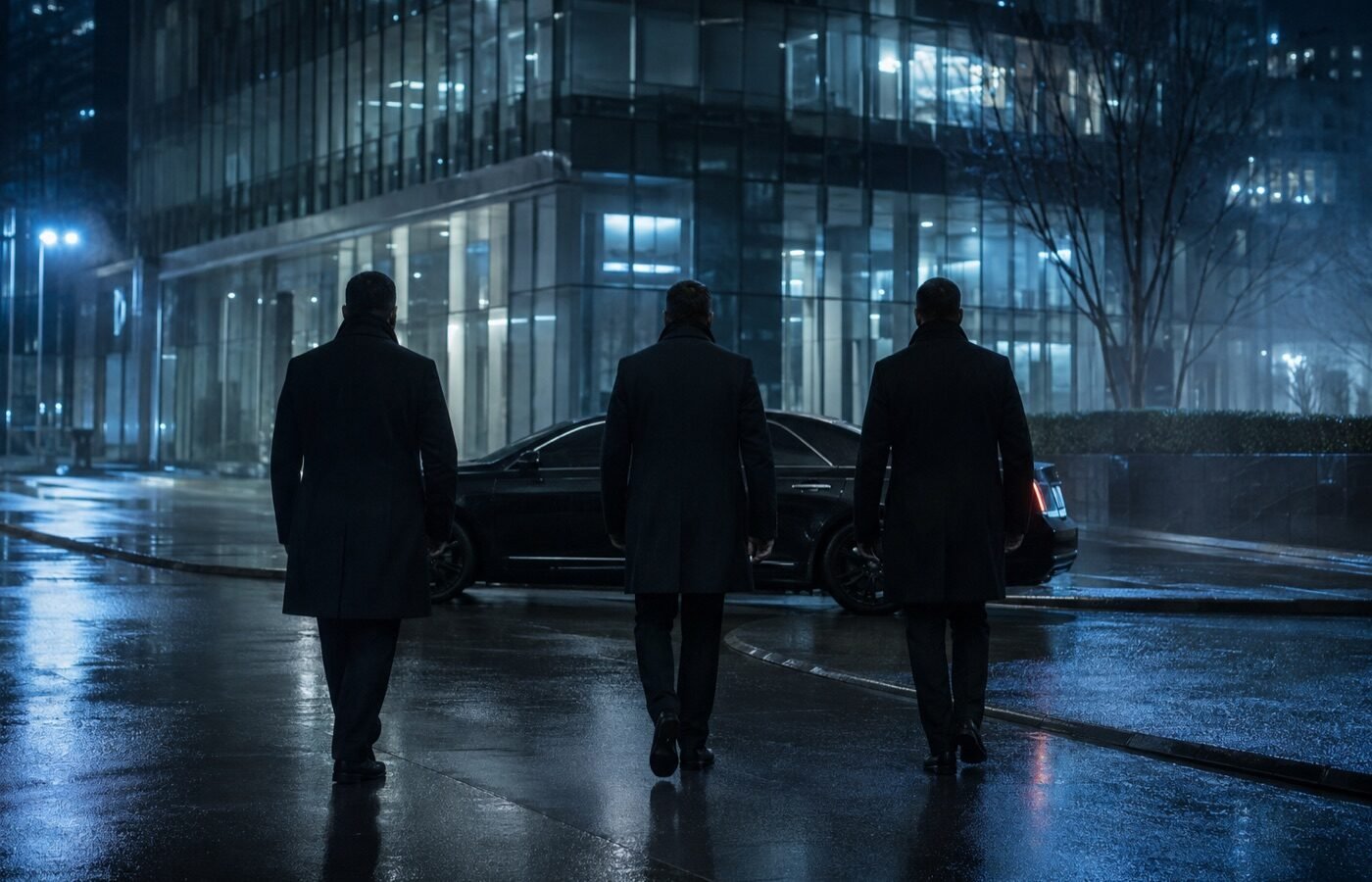 Close protection detail escorting a principal to an armoured vehicle at night